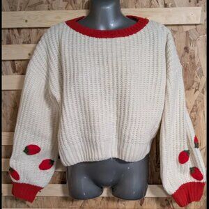 Knitted Round Neckline Strawberry Contrasting Binding Crop Sweater - m